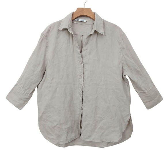 Zara Tops - Zara Linen Shirt Womens Medium Beige Long Sleeve Button Up Boxy Coastal Boho